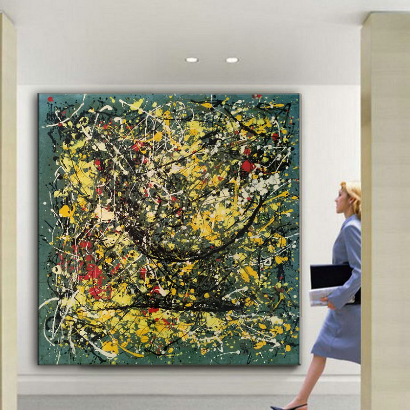 Yellow splatter paint art, abstract acrylic painting L242