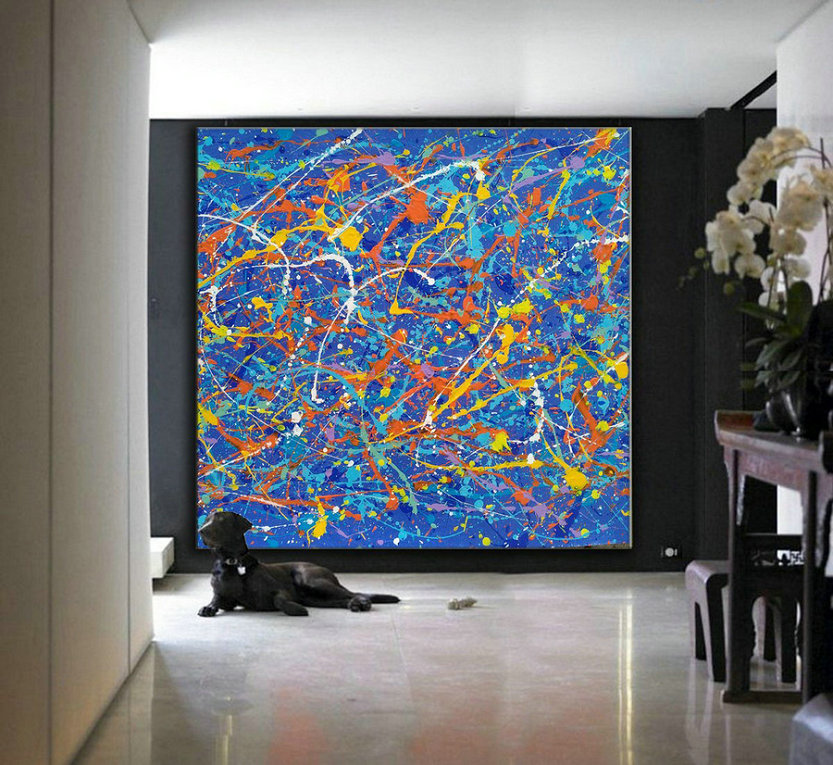 Blue dripping painting, blue action painting L600
