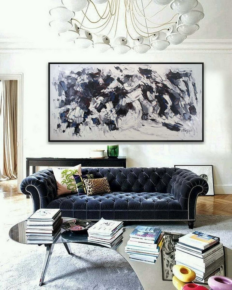 Extra Large Panoramic Modern Abstract Wall Art Hand Painted Black And White Contemporary Thick Oil Painting On Canvas 48 X 96Inch,Canvas Wall Paintings