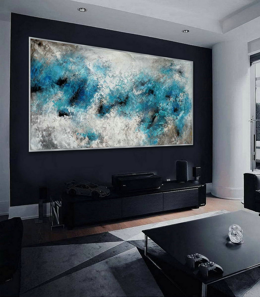Panoramic Contemporary Modern Neutral Wall Art Extra Large Easy Simple Abstract Acrylic Painting On Canvas White Black 48X96Inch Long Xl,Fine Art