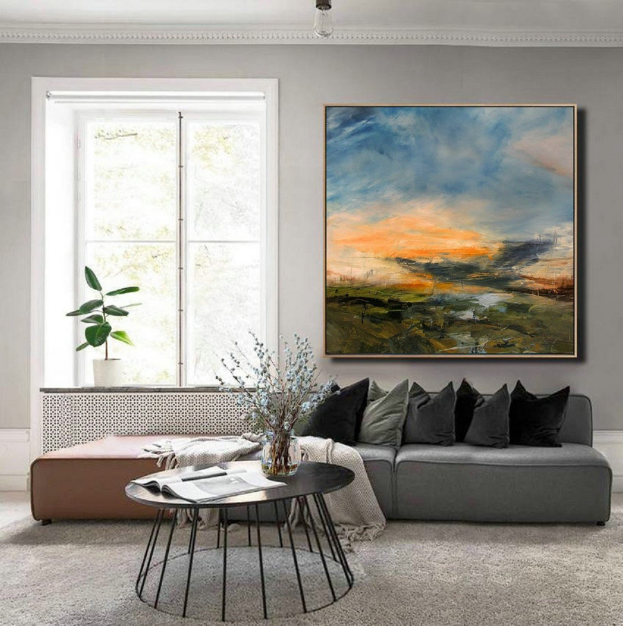 Original Sky Landscape Painting,Large Wall Sky Abstract Painting,Minimalist Abstract Painting Of The Sky,Convergent Sea Landscape Painting,Wrapped Canvas Art