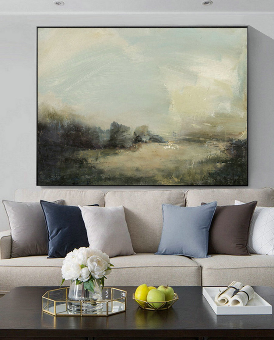 Large Grey Green Abstract Painting,Light Green Landscape Oil Painting,Original Abstract Painting On Canvas,Beige Cloud Abstract Art Painting,Extra Large Photo