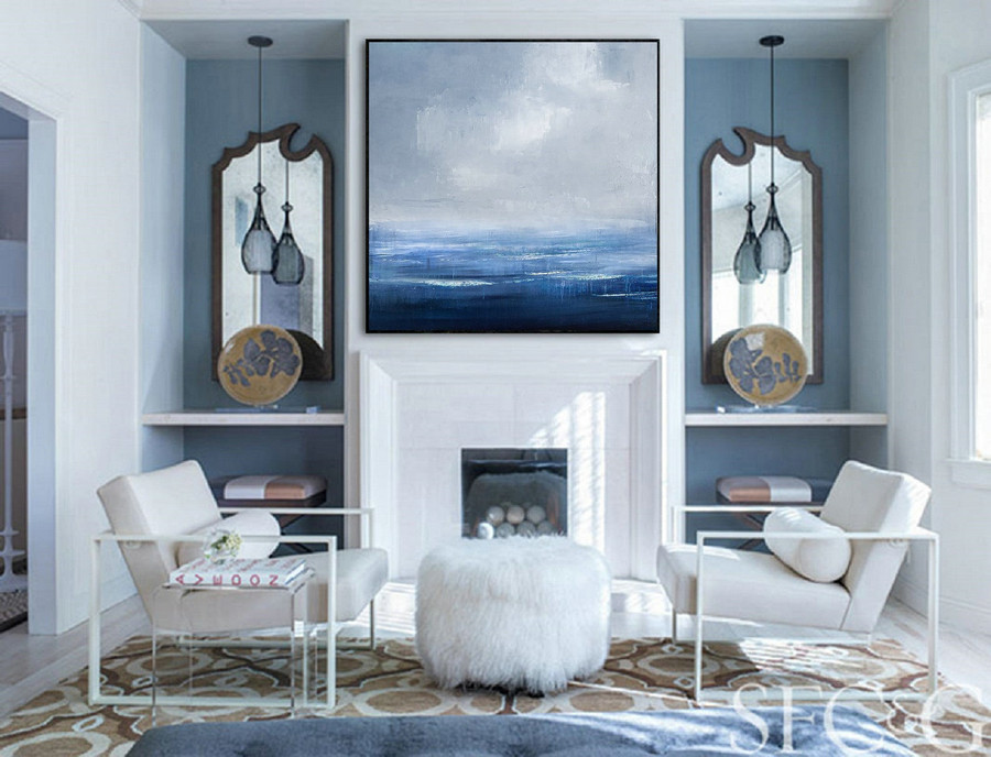 Original Navy Blue Wall Art Ocean Abstract Painting,Abstract Art,Sea Level Abstract Painting,Large Wall Sky Sea Painting,Sea Oil Painting,Large Inexpensive Wall Art