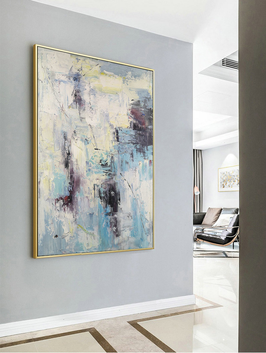 Large Texture Abstract Painting, Abstract Painting, Blue White Abstract Art, Acrylic Abstract Paintings On Canvas, Large Living Room Art,Long Canvas Art