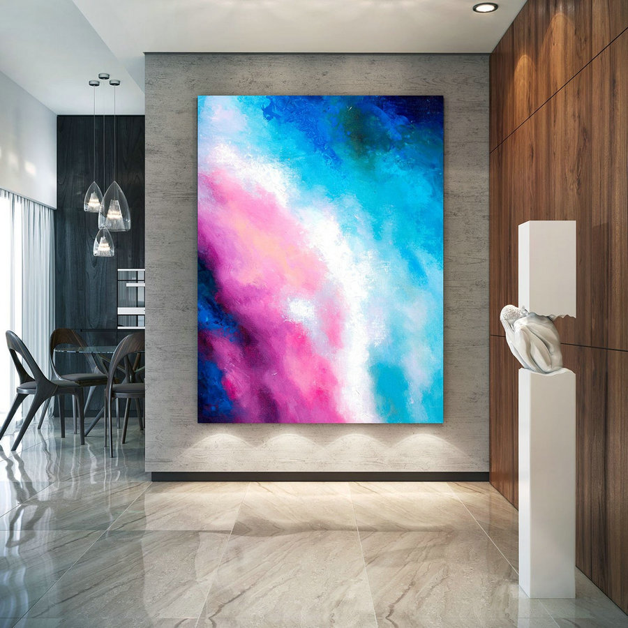 Pink Blue Extra Large Wall Art, Abstract Painting On