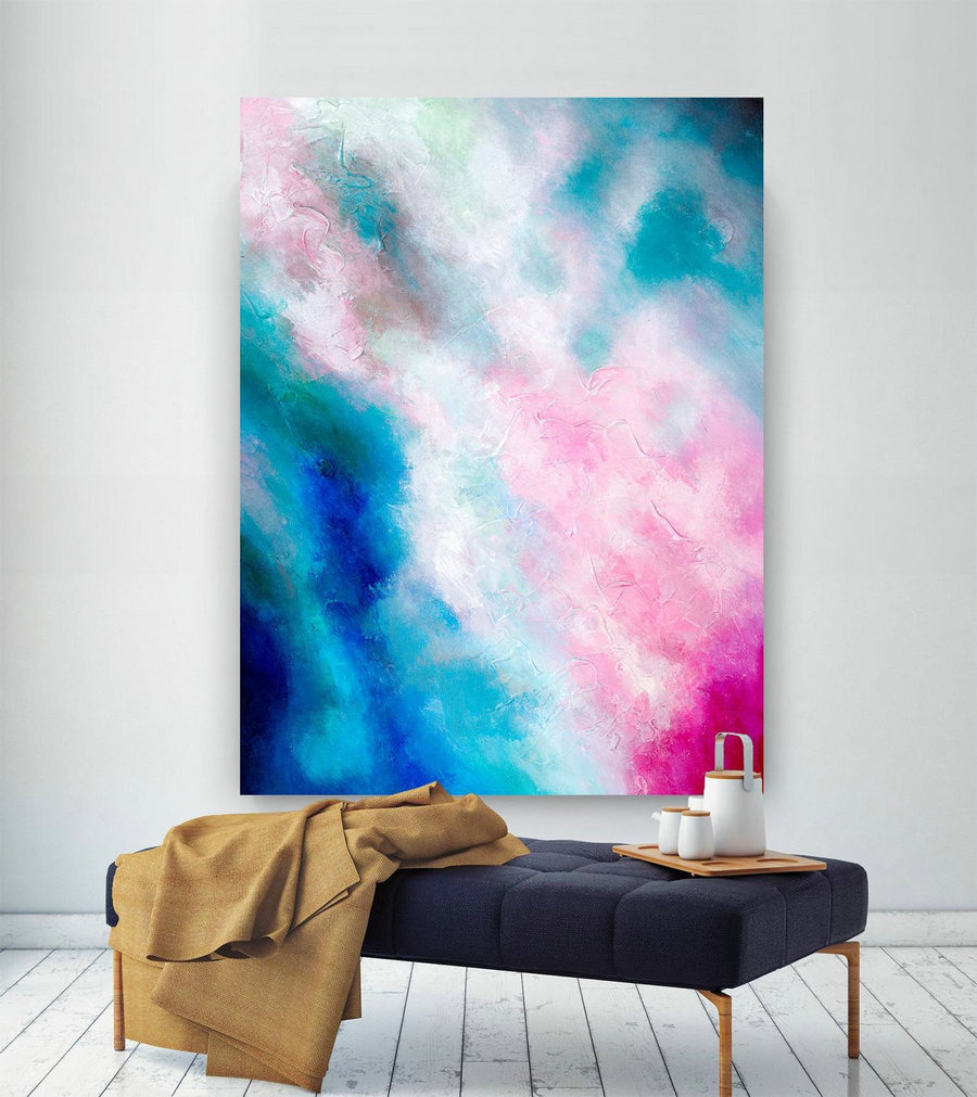 Pink Blue Extra Large Wall Art, Abstract Painting On Canvas Modern Home Decor Office Home Artwork Large Original Contemporary Art Xl Lac690,Full Wall Canvas