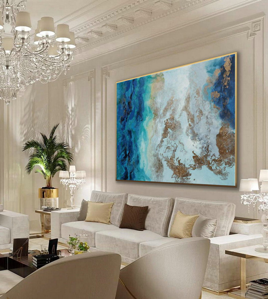 Abstract Original Acrylic Pour Painting on Canvas Modern Wall Art for Living Room 100% Hand Painted 12\u044512 Bedroom in blue colors