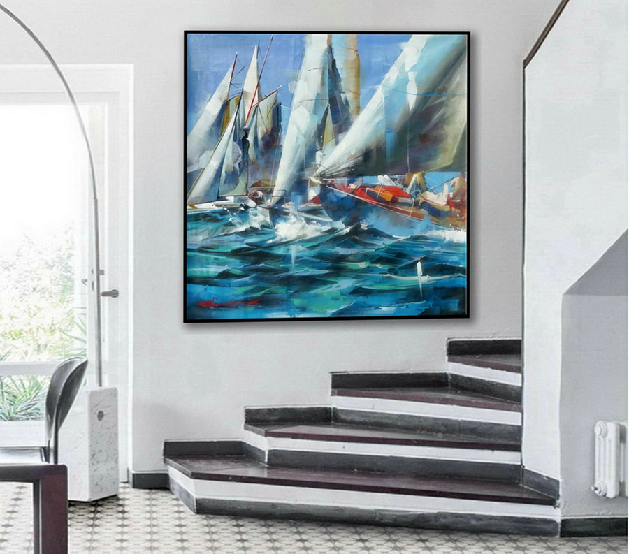 Brush Strokes Contemporary Artwork Extra Large Square Colorful Modern Abstract Oversize Wall Art Sailing Boat Hand Made Canvas Oil Painting,Canvas Art Gallery